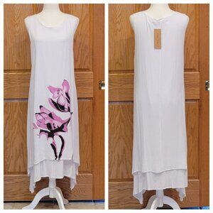 Tendency Gauzy Linen Tank Midi Maxi Dress Floral Design Handkerchief Hem NEW
